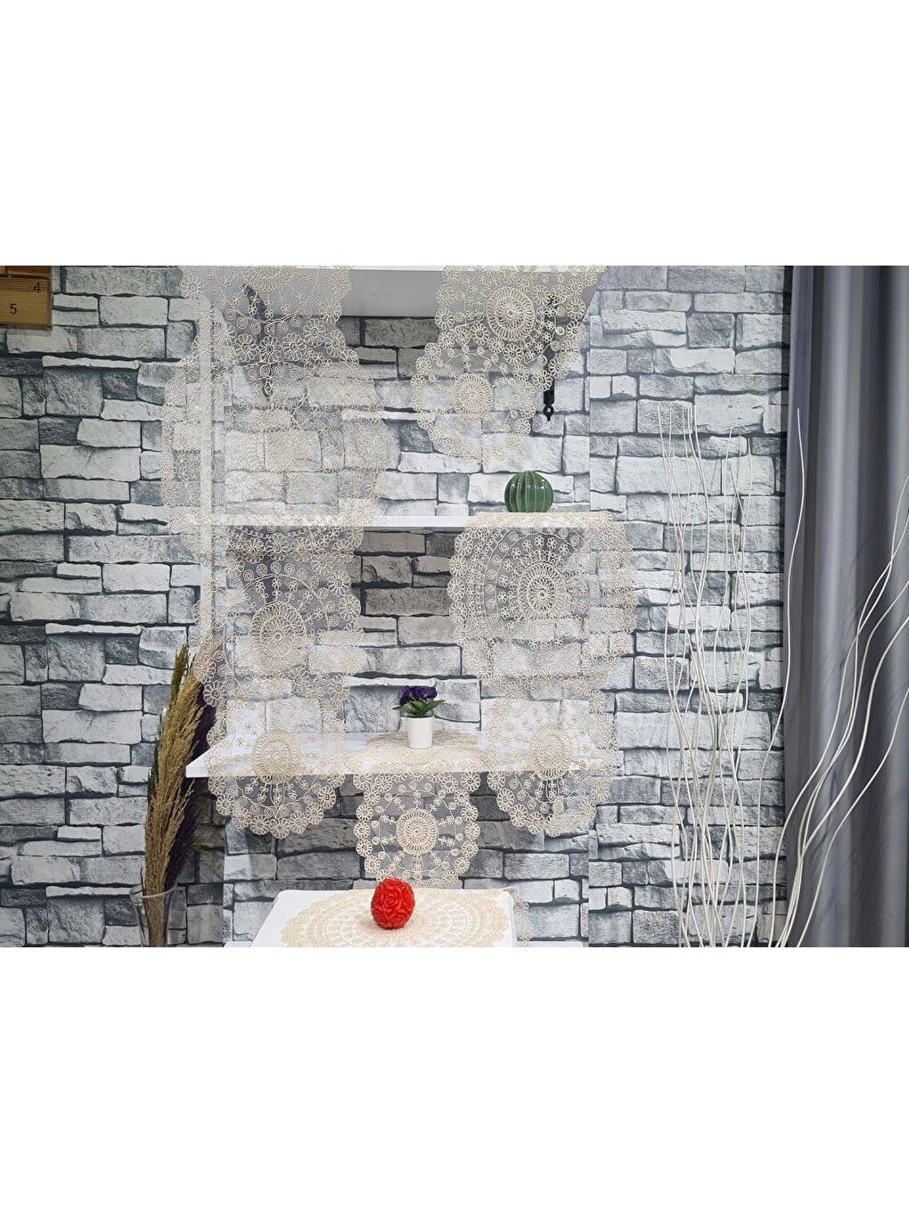 Kahverengi Çiçek Kordonlu 5 Parça Salon Takımı Cappucino