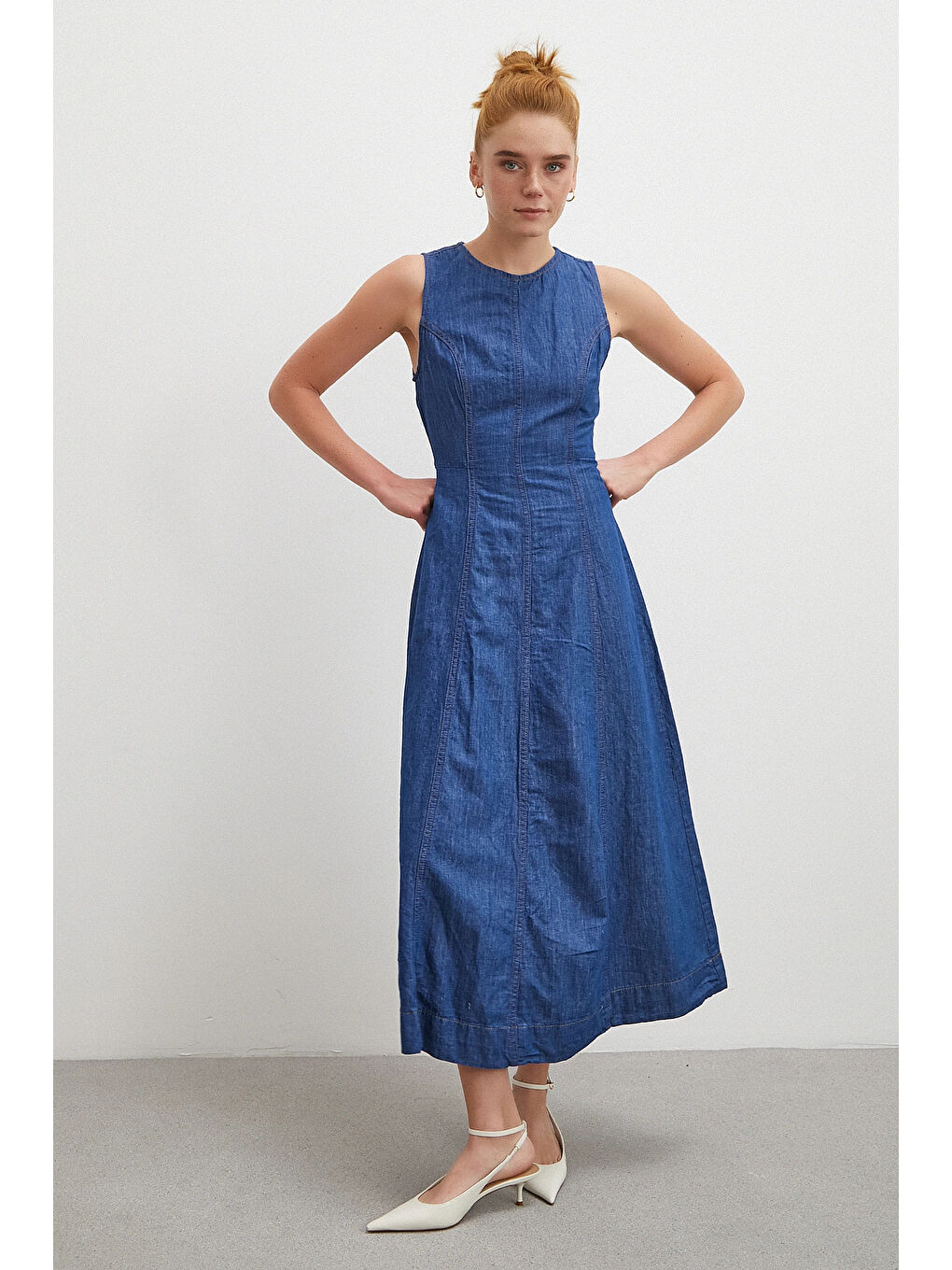 Bisiklet Yaka Kolsuz Premium Uzun Jean Elbise Lacivert-2
