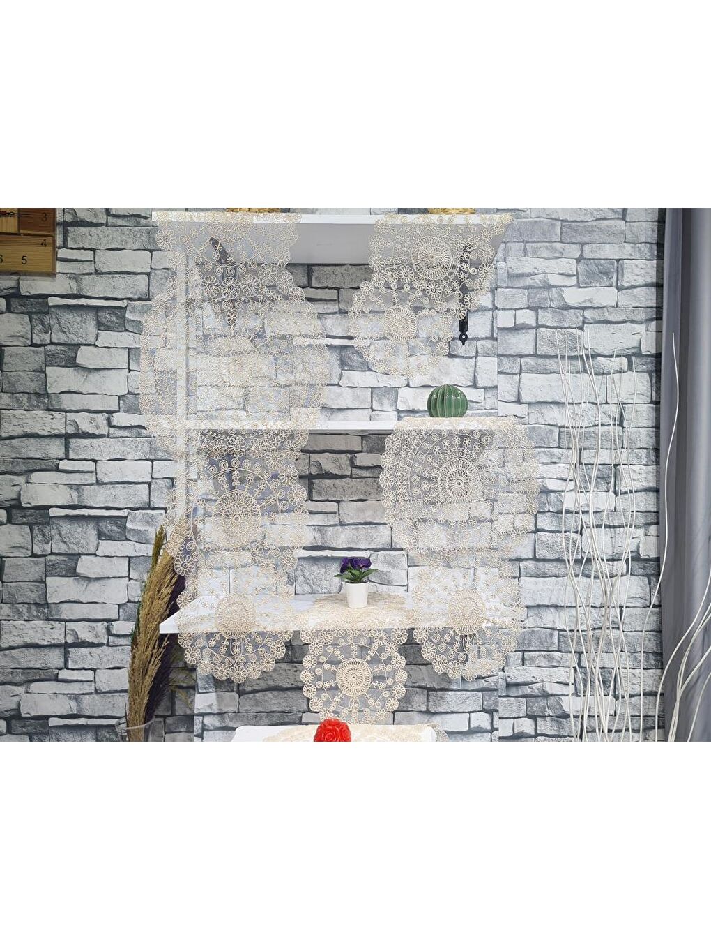 Kahverengi Çiçek Kordonlu 5 Parça Salon Takımı Cappucino-1