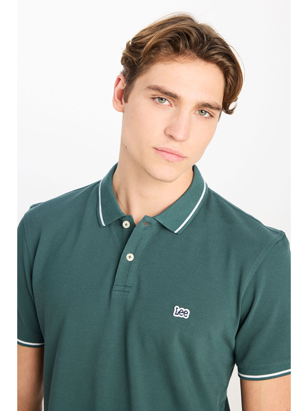 %100 Pamuk Regular Fit Normal Kesim Yeşil Polo Yaka Tişört-3