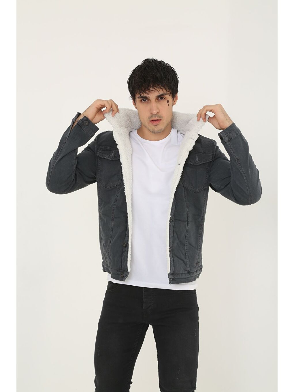 Gri Erkek Trend Kışlık Içi Kürklü Jean Ceket Füme-1