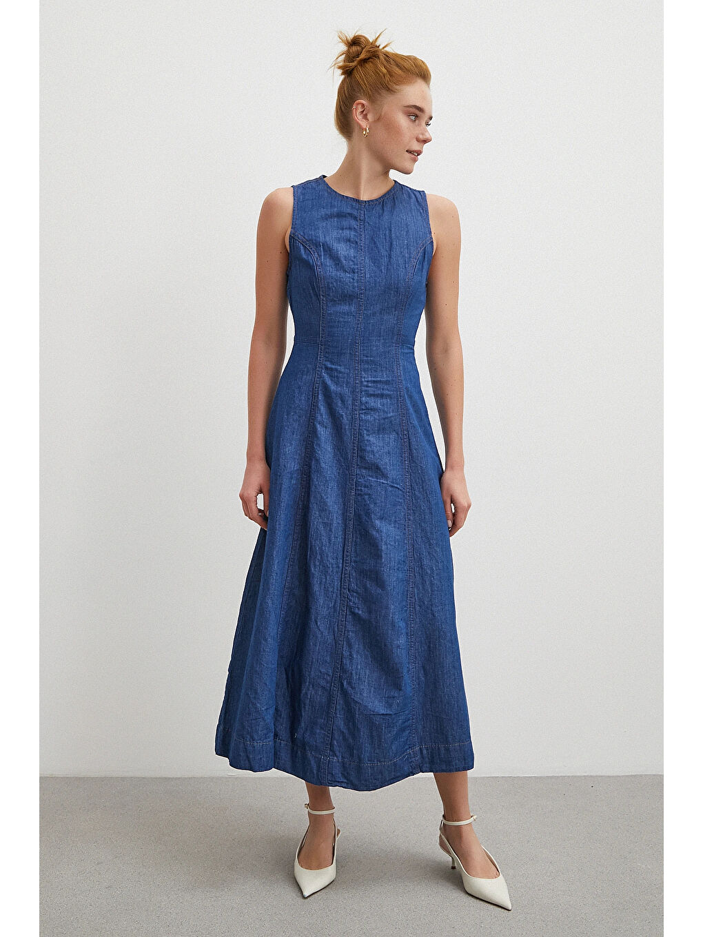 Bisiklet Yaka Kolsuz Premium Uzun Jean Elbise Lacivert-3