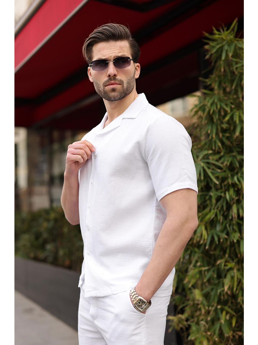 Beyaz %100 Pamuklu Erkek Şort Gömlek Takım E7361-3