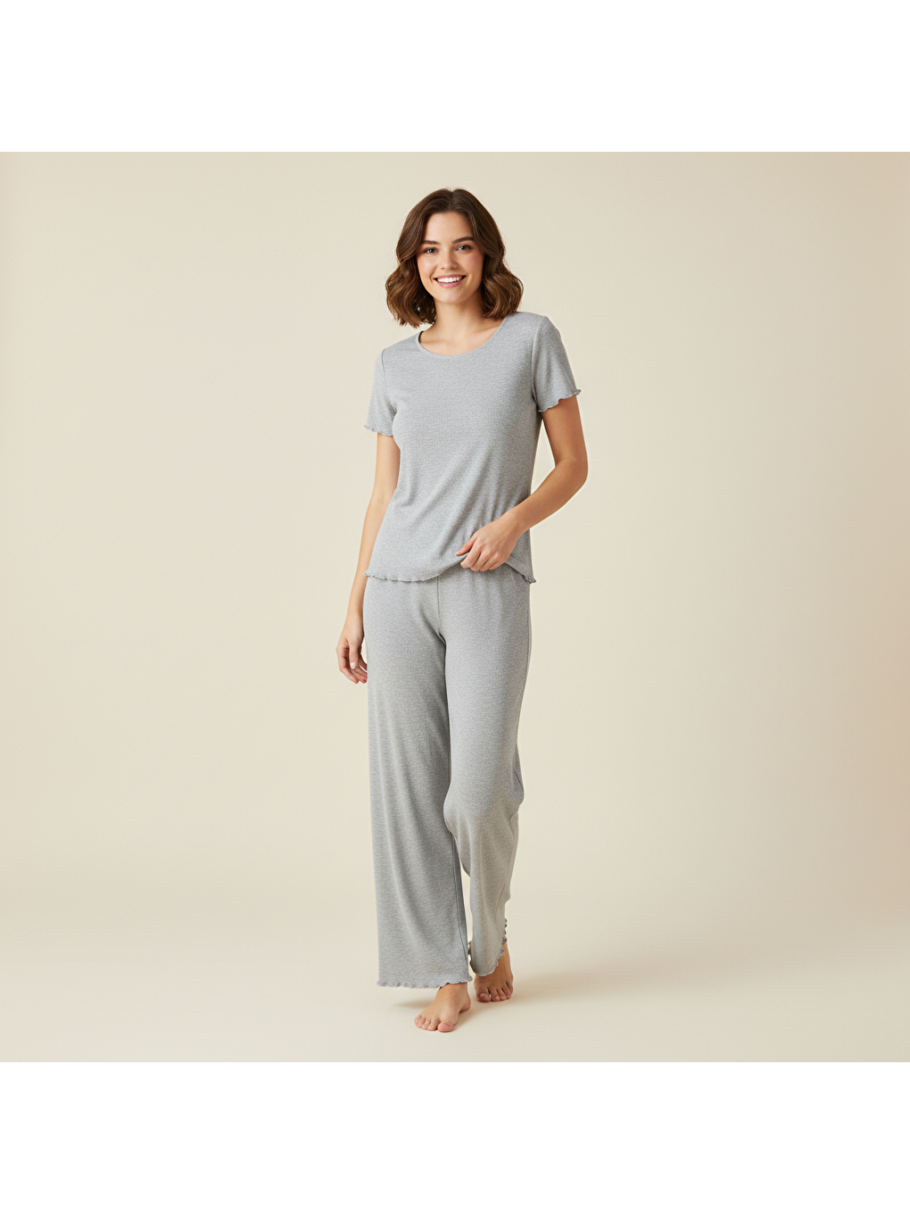 Kadın Koyu Gri Renk Kısa Kollu Pijamalı Ve Şortlu 3'Lü Pamuklu Takım Bb2333-3