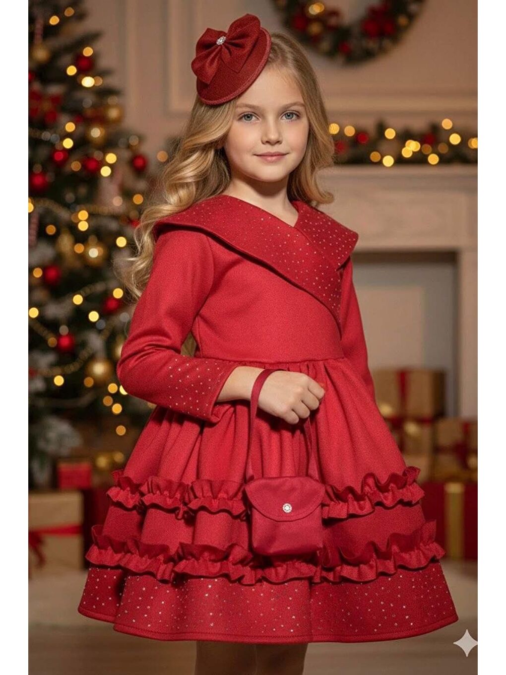 Kız Çocuk Kruvaze Yaka ve Taş İşlemeli Eteği Fırfır Detaylı Kırmızı Süet Abiye