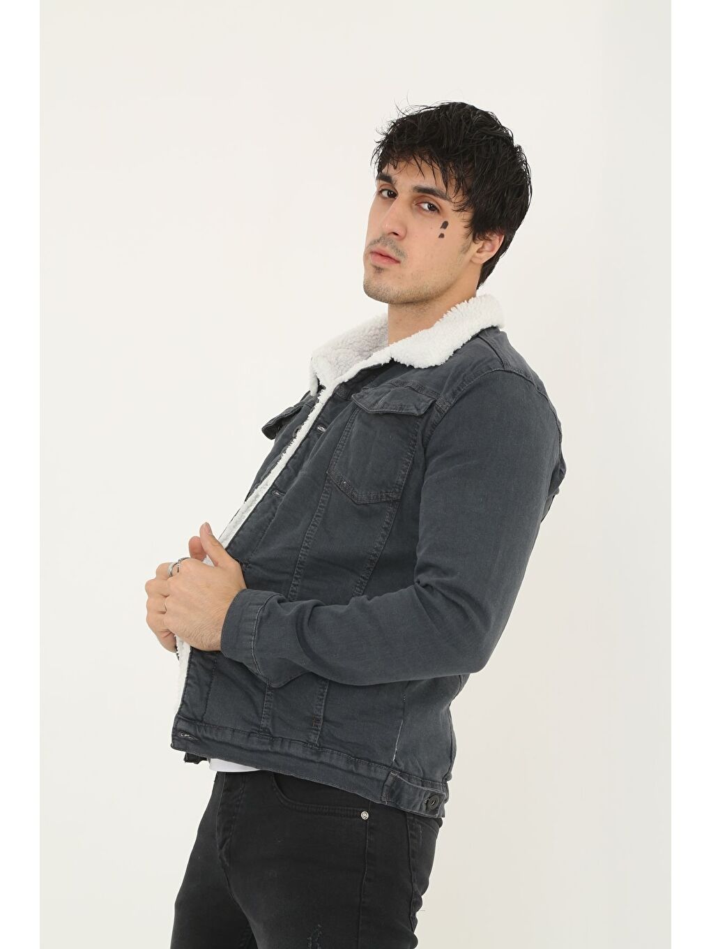 Gri Erkek Trend Kışlık Içi Kürklü Jean Ceket Füme-2