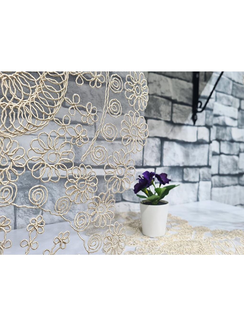 Kahverengi Çiçek Kordonlu 5 Parça Salon Takımı Cappucino-5