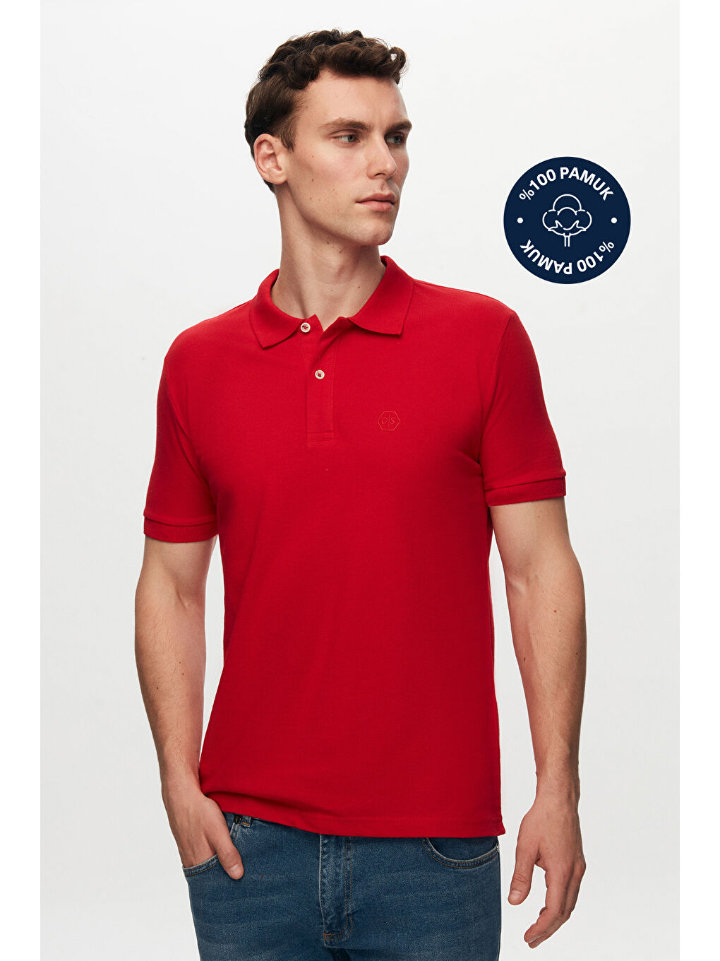 Regular Fit Kırmızı %100 Pamuklu Uzun Ömürlü Kıvrılmaz Polo Yaka Nakışlı T-Shirt-1