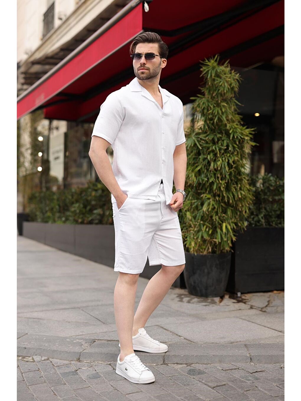 Beyaz %100 Pamuklu Erkek Şort Gömlek Takım E7361-5