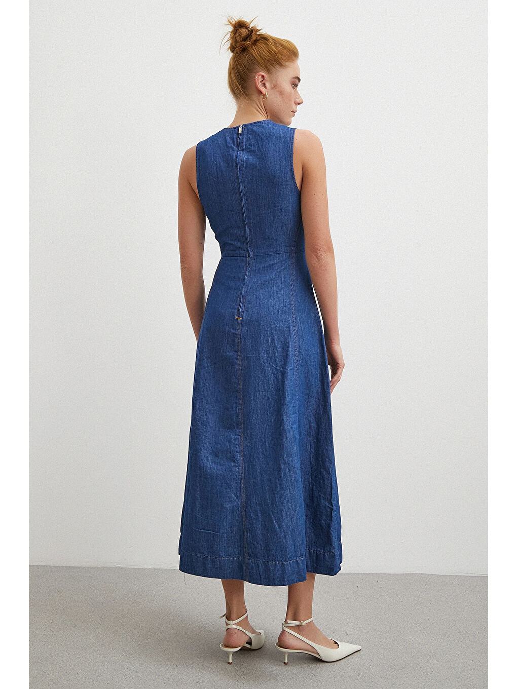 Bisiklet Yaka Kolsuz Premium Uzun Jean Elbise Lacivert-5