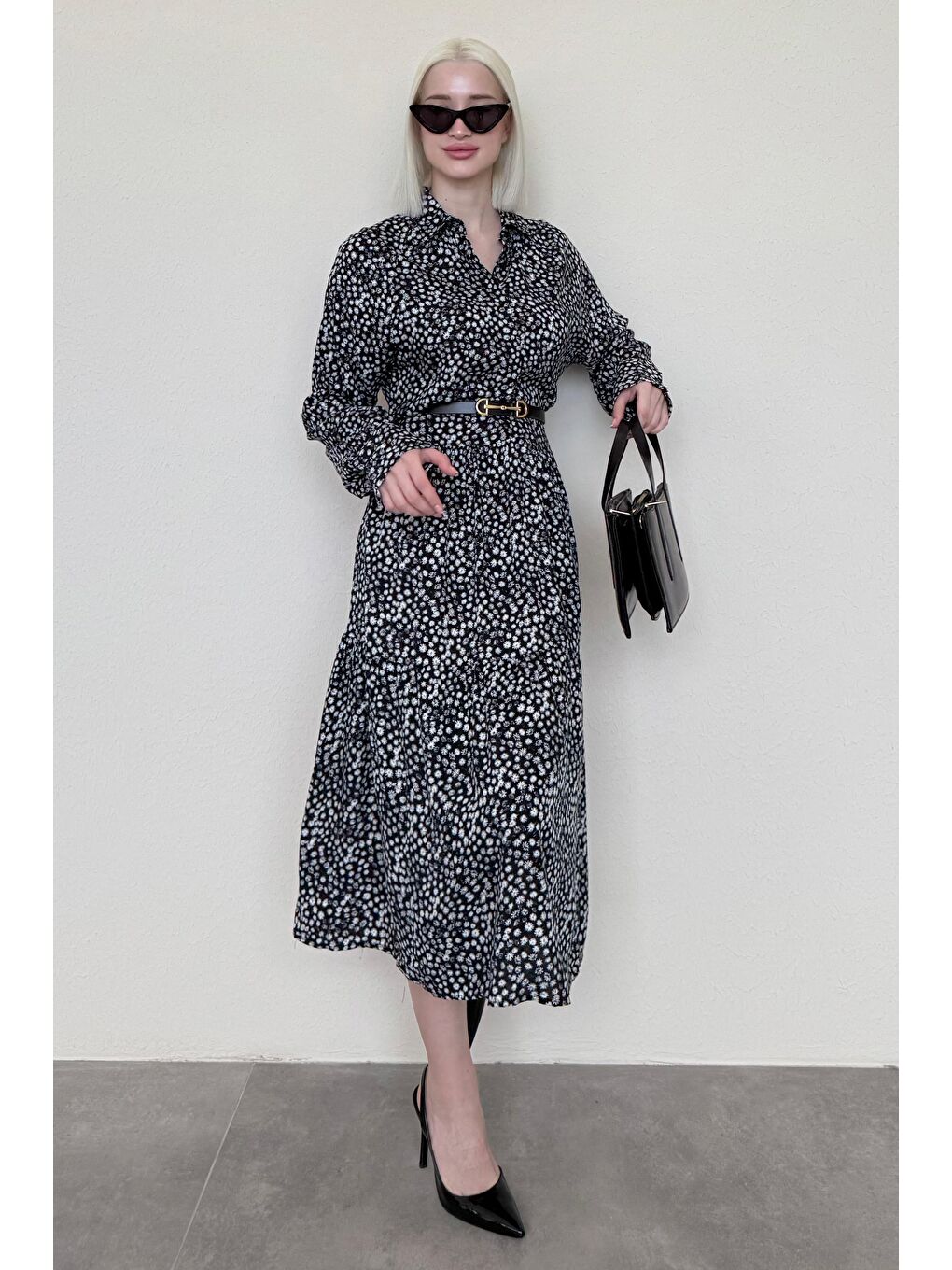 Siyah Uzun Kollu Düğmeli Desenli Elbise Mg2431-1