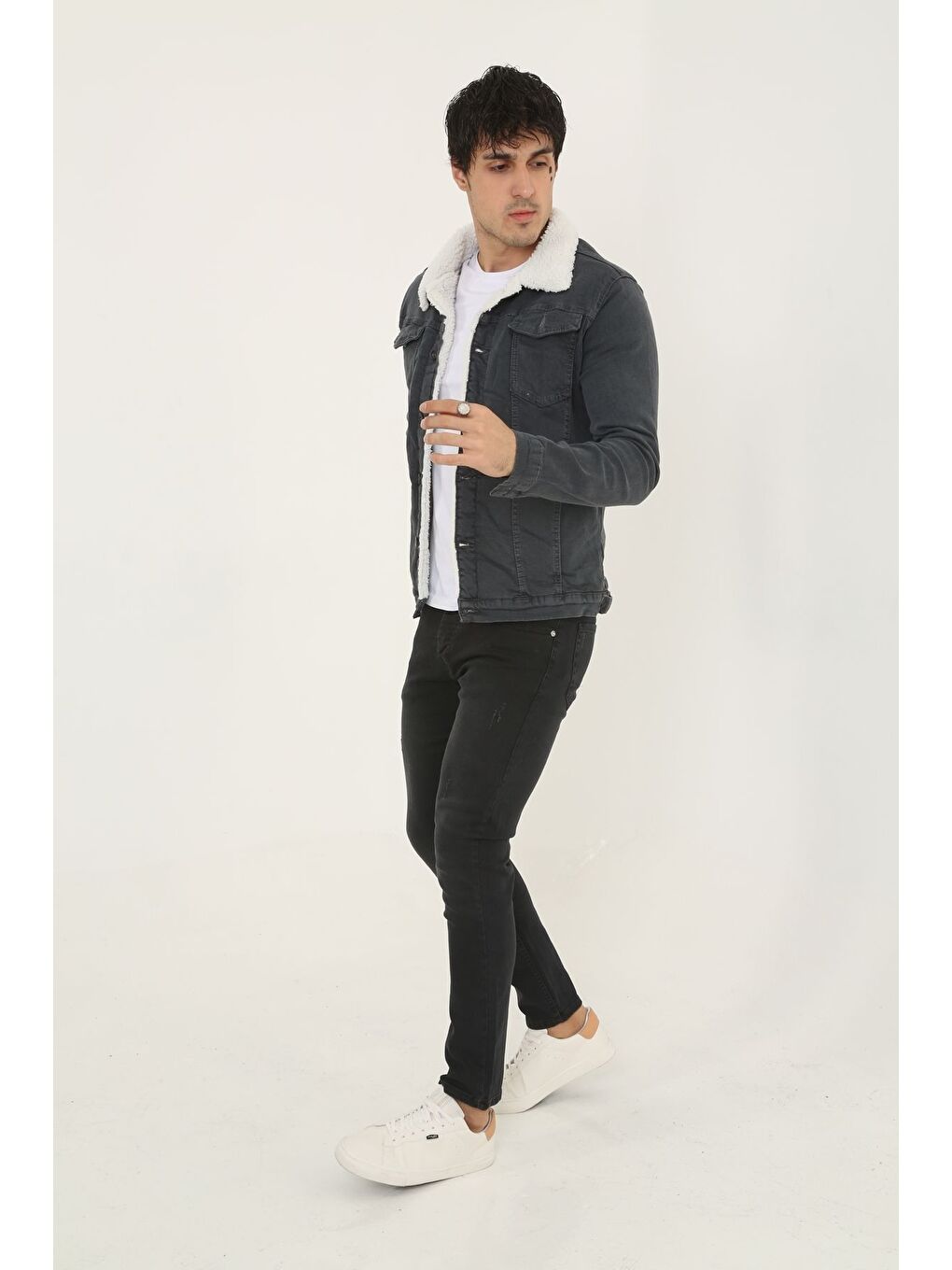 Gri Erkek Trend Kışlık Içi Kürklü Jean Ceket Füme-3