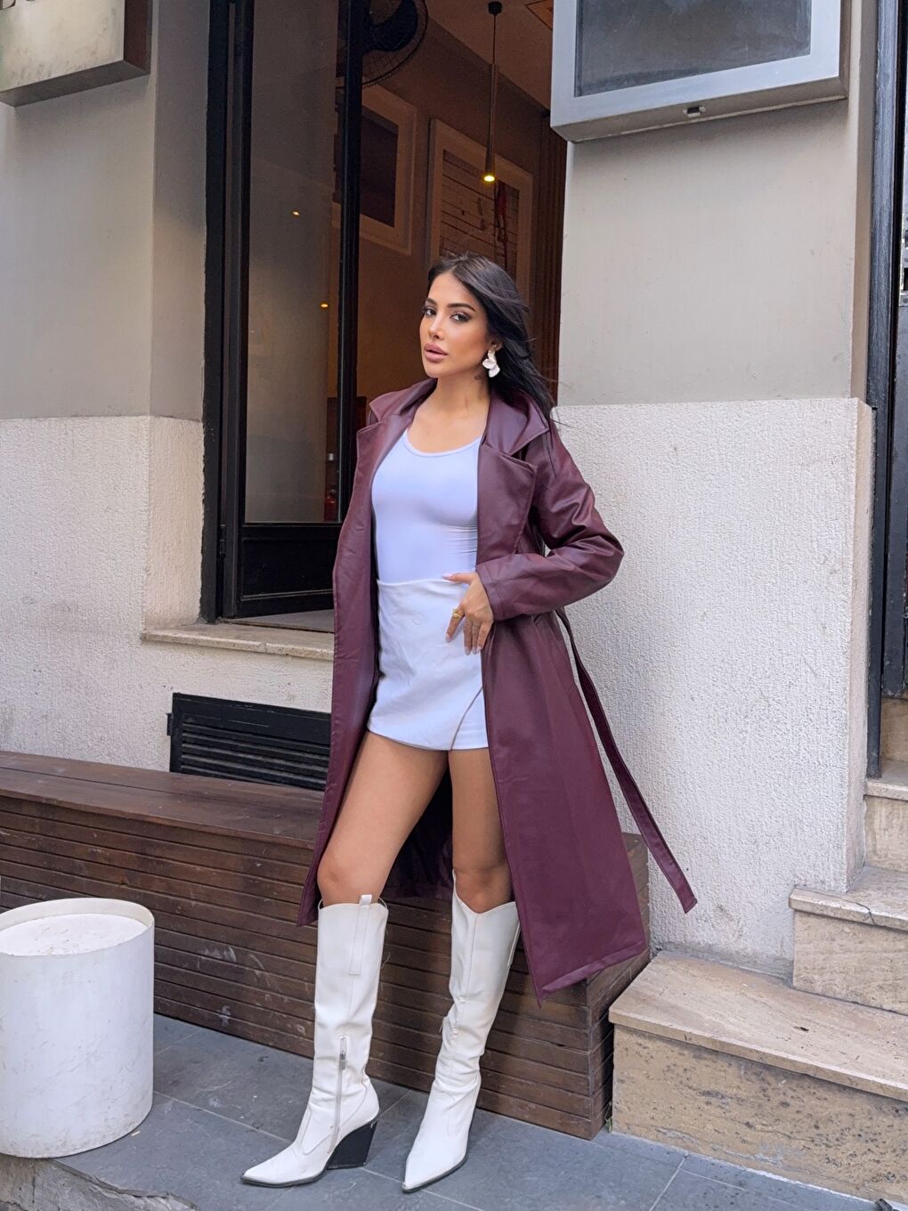 Kuşaklı Uzun Bordo Deri Pardösü-4