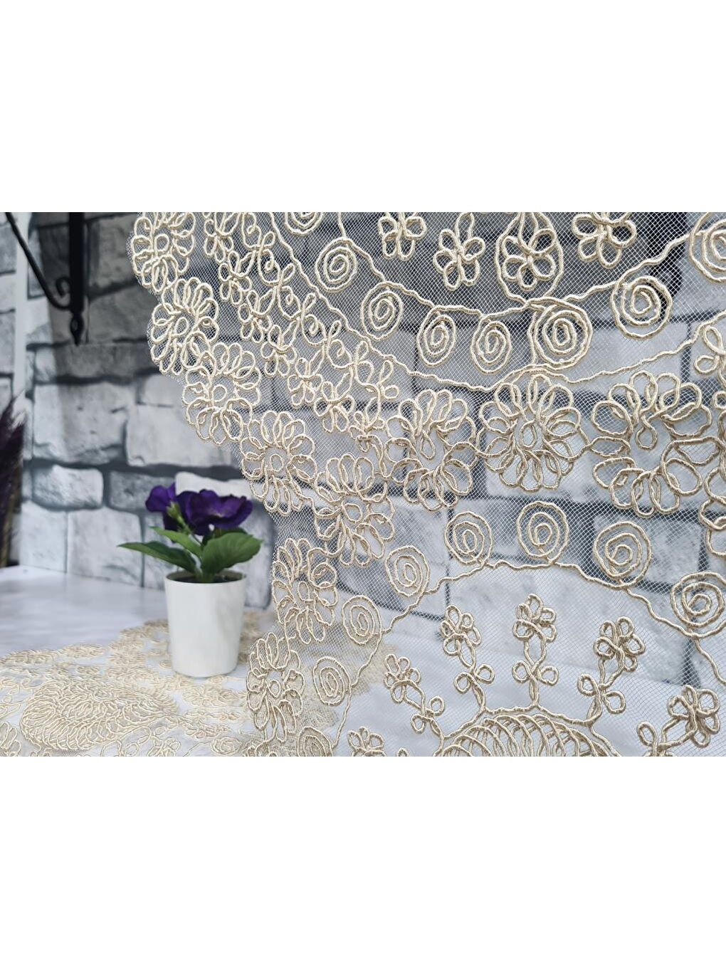 Kahverengi Çiçek Kordonlu 5 Parça Salon Takımı Cappucino-6