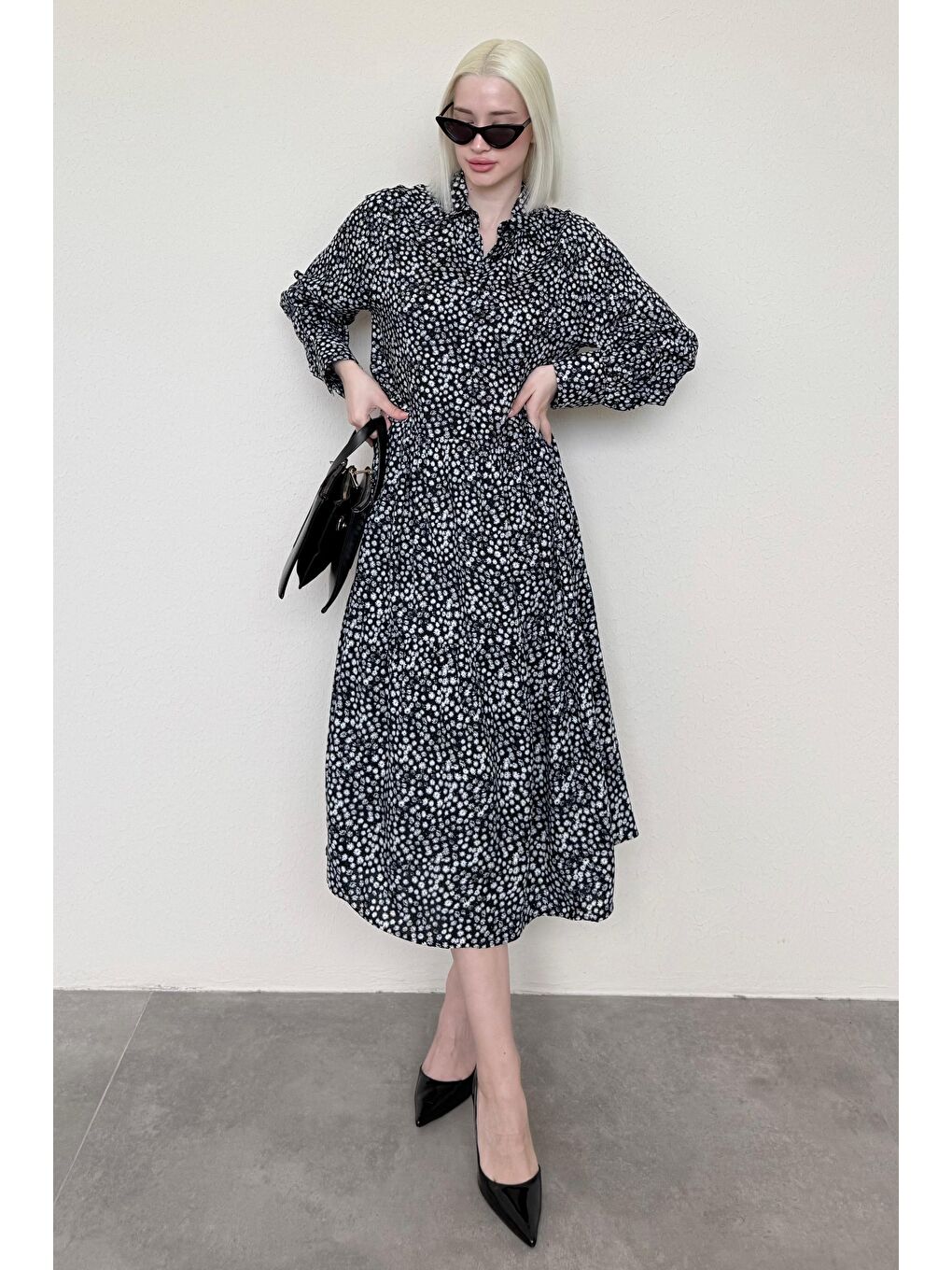 Siyah Uzun Kollu Düğmeli Desenli Elbise Mg2431-2