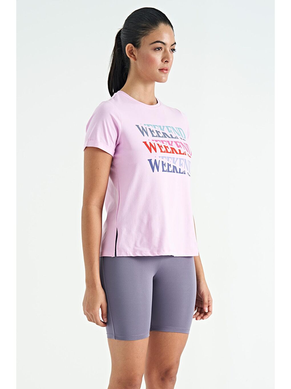 Pembe Renkli Yazı Baskılı Rahat Form Kadın Basic T-Shirt - 02241-3