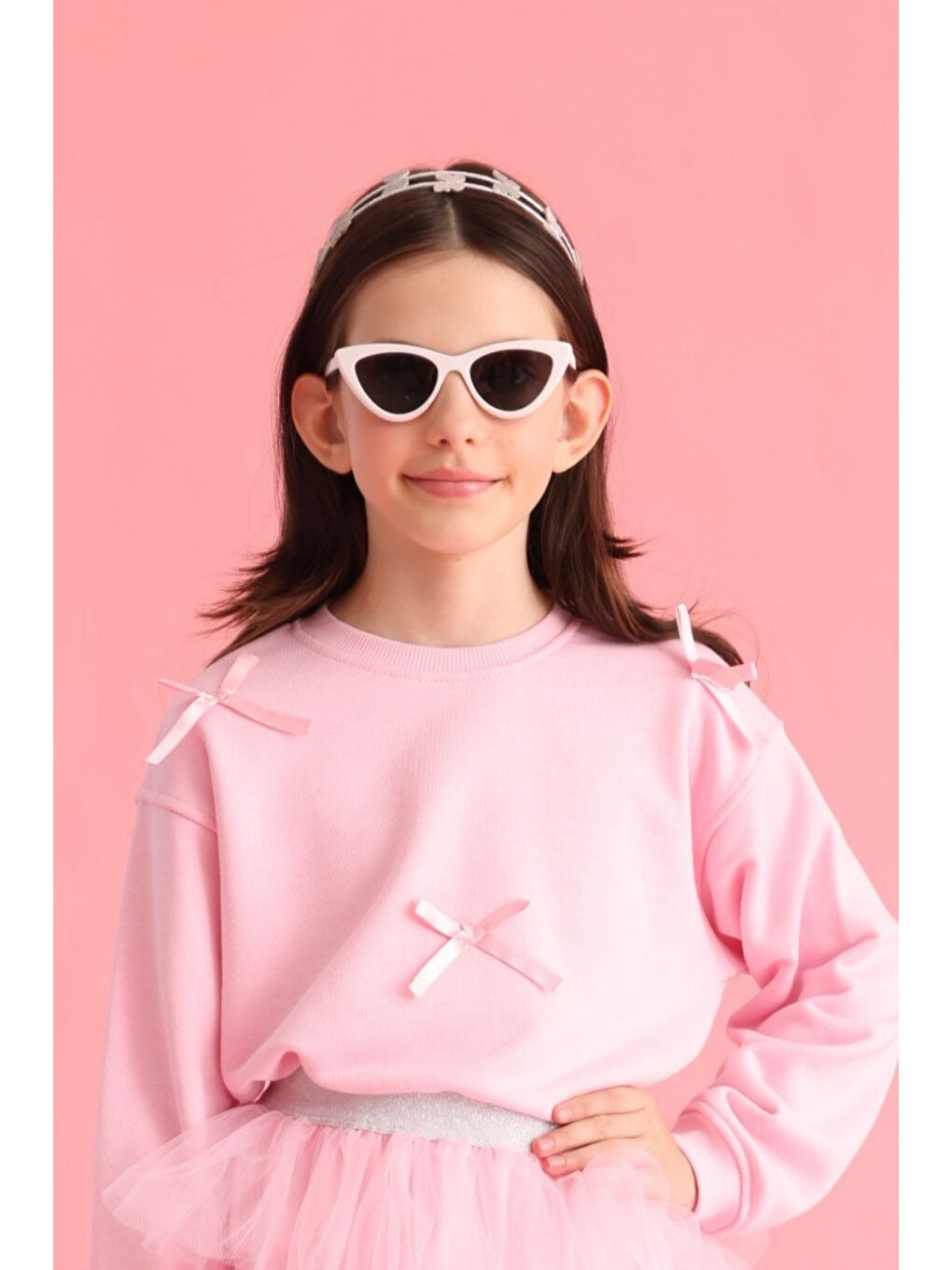 Pembe Fiyonk Detaylı Kız Çocuk Sweatshirt-1