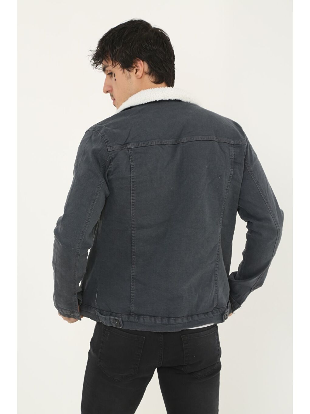 Gri Erkek Trend Kışlık Içi Kürklü Jean Ceket Füme-4