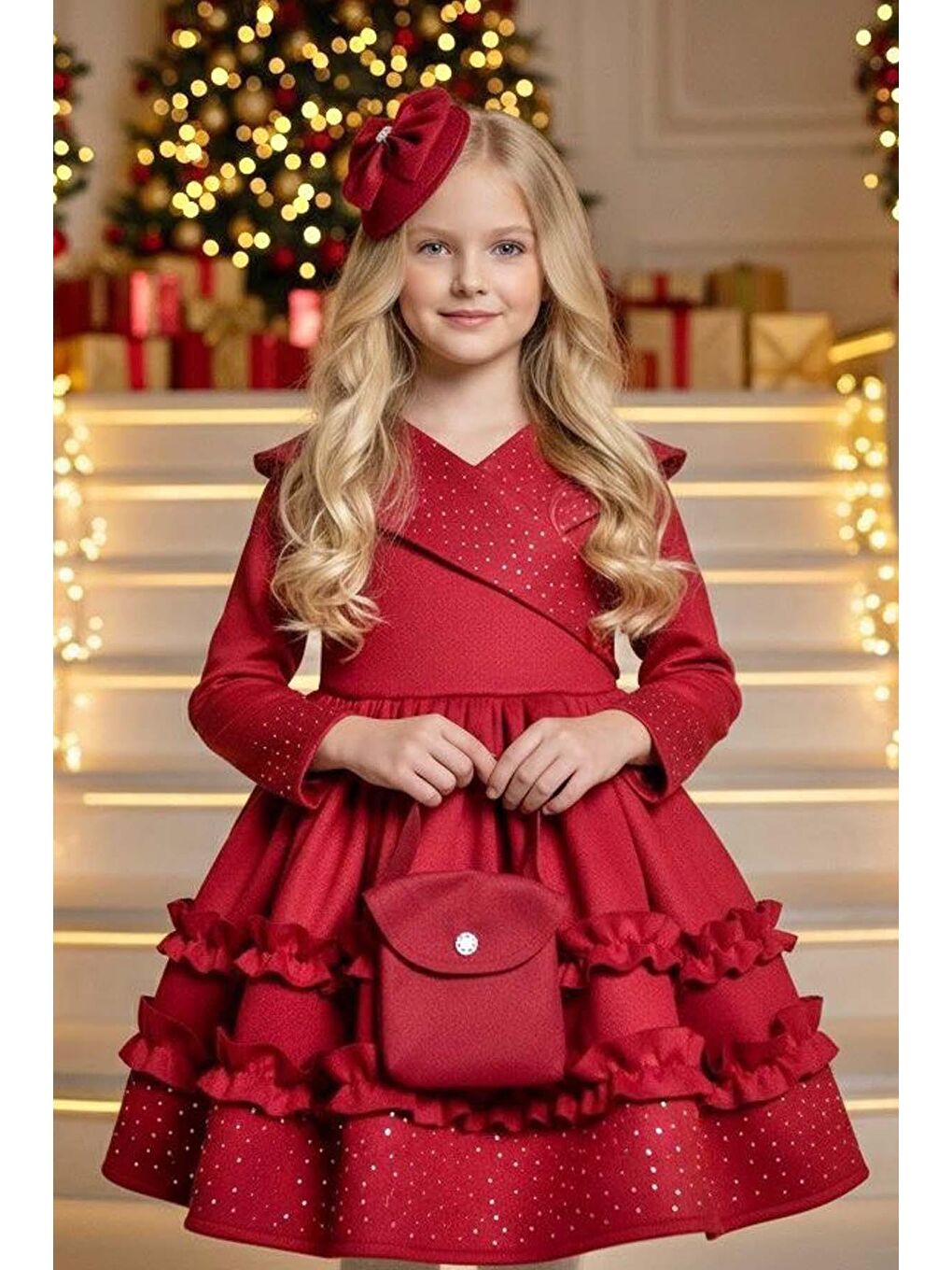 Kız Çocuk Kruvaze Yaka ve Taş İşlemeli Eteği Fırfır Detaylı Kırmızı Süet Abiye-1