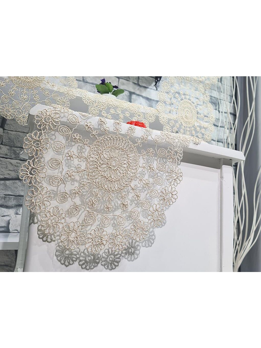 Kahverengi Çiçek Kordonlu 5 Parça Salon Takımı Cappucino-8