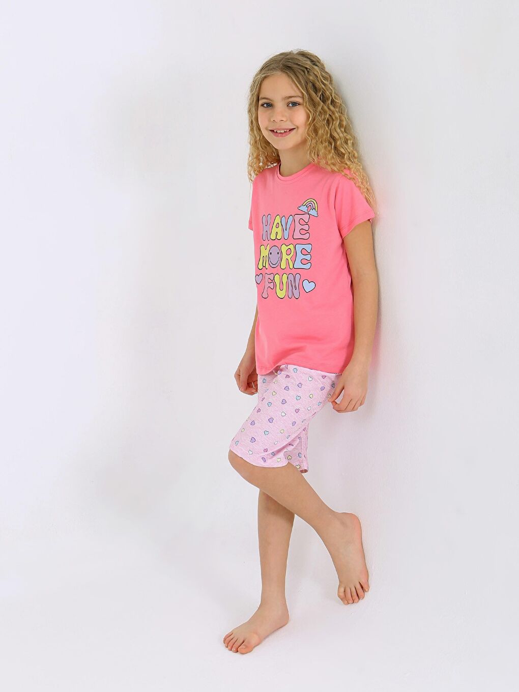 Pembe Kız Çocuk Kısa Kollu Kapri %100 Pamuklu Pijama Takımı More Fun-1