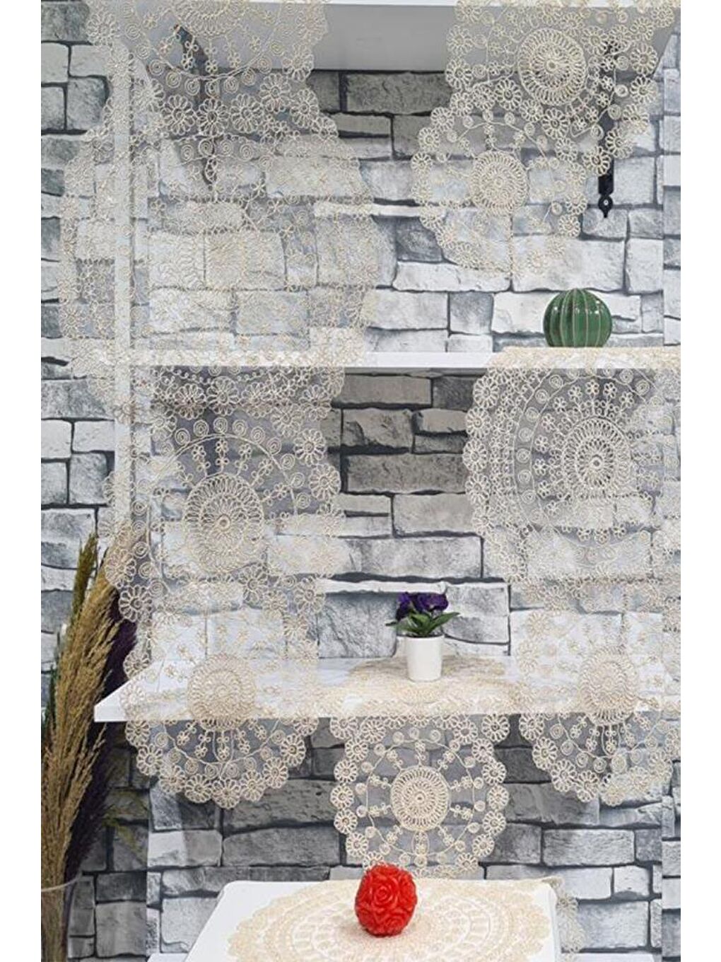 Kahverengi Çiçek Kordonlu 5 Parça Salon Takımı Cappucino-9