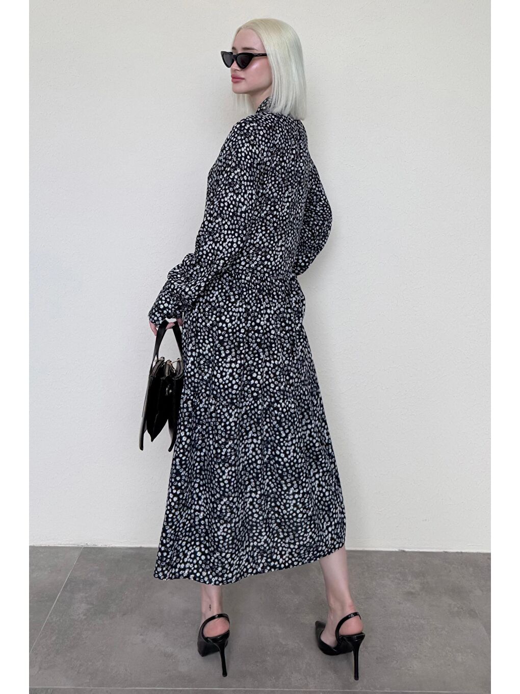 Siyah Uzun Kollu Düğmeli Desenli Elbise Mg2431-3