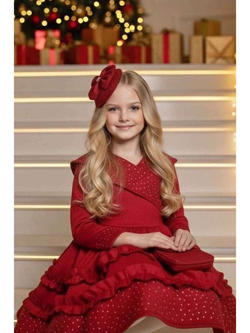 Kız Çocuk Kruvaze Yaka ve Taş İşlemeli Eteği Fırfır Detaylı Kırmızı Süet Abiye-2