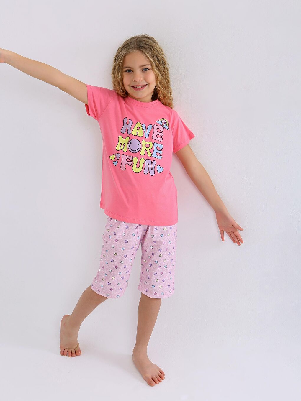 Pembe Kız Çocuk Kısa Kollu Kapri %100 Pamuklu Pijama Takımı More Fun-2