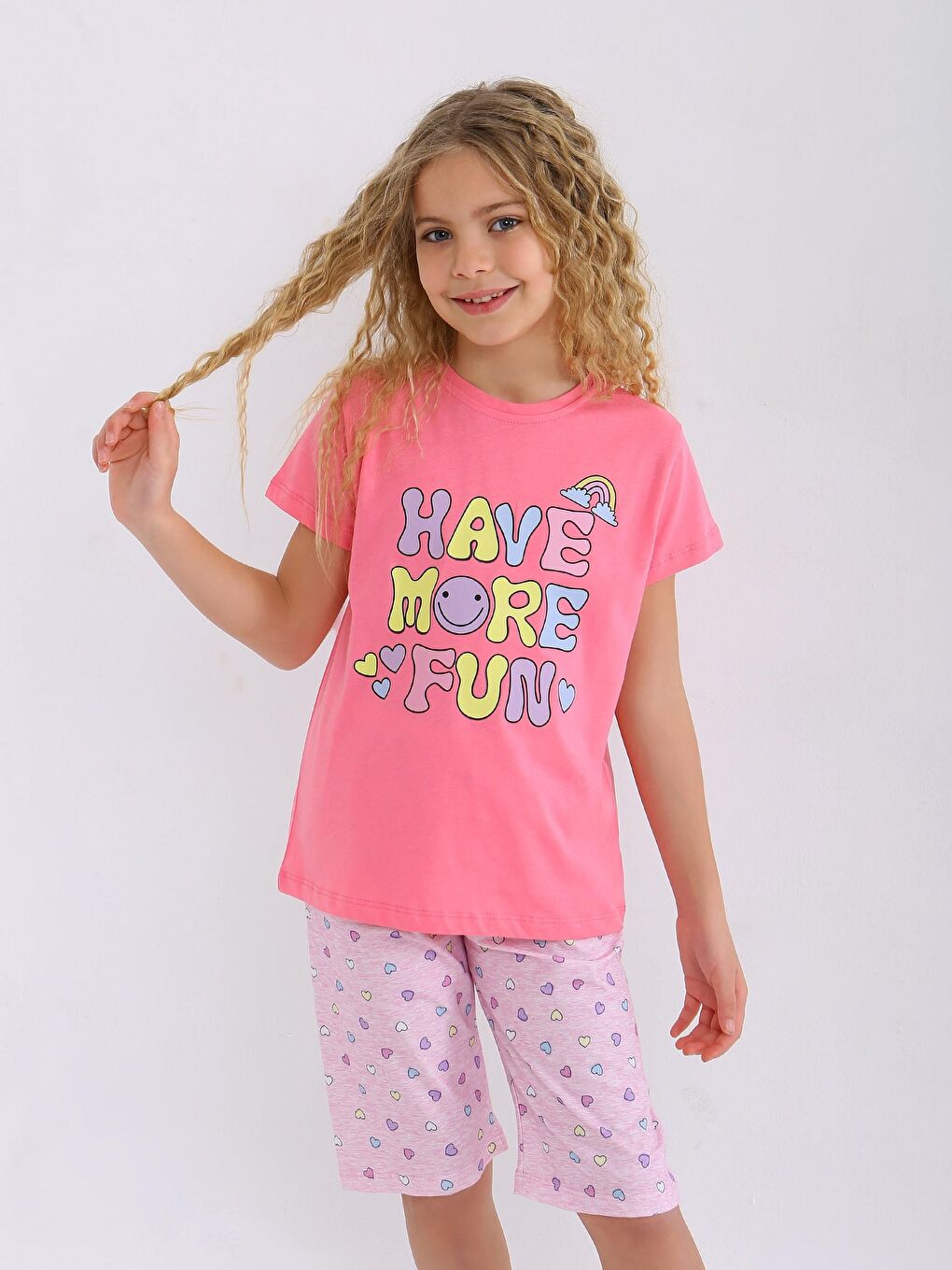 Pembe Kız Çocuk Kısa Kollu Kapri %100 Pamuklu Pijama Takımı More Fun-4