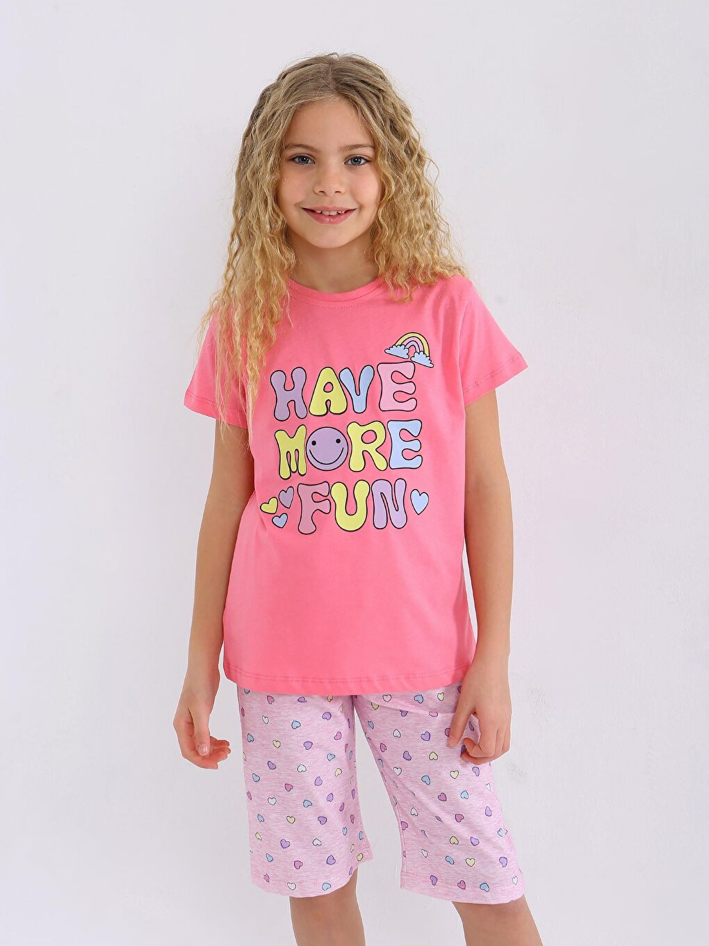 Pembe Kız Çocuk Kısa Kollu Kapri %100 Pamuklu Pijama Takımı More Fun-5