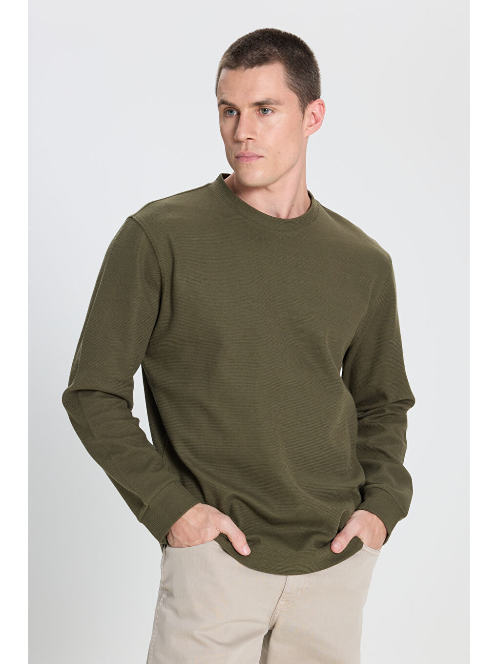 Regular Fit Normal Kesim Bisiklet Yaka Haki Tişört-1