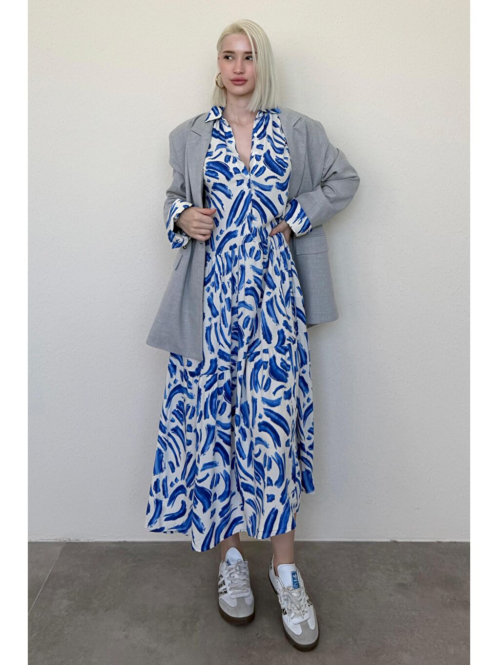 Mavi Saks Uzun Kollu Düğmeli Desenli Elbise Mg2431-1