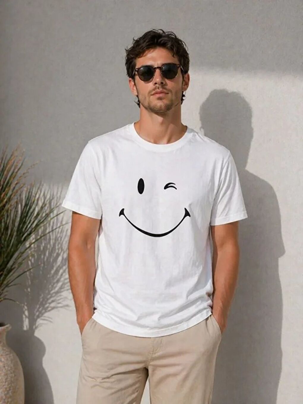 Erkek Minimal Gülümseyen Yüz Baskılı Tişört Kısa Kol Yazlık T-Shirt - Beyaz-1