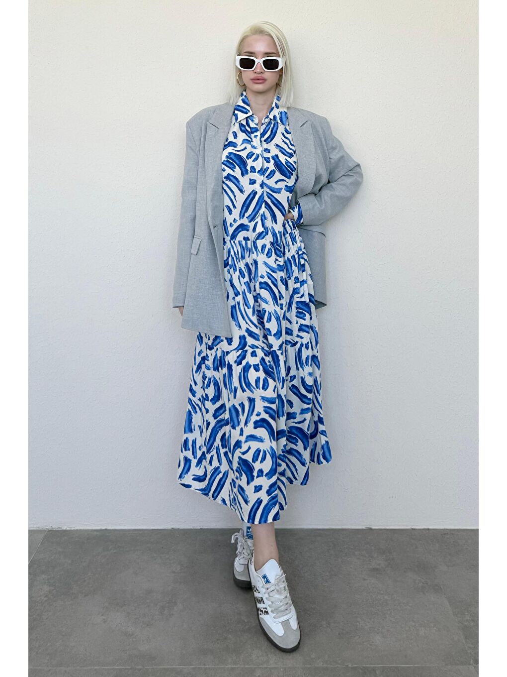 Mavi Saks Uzun Kollu Düğmeli Desenli Elbise Mg2431-3