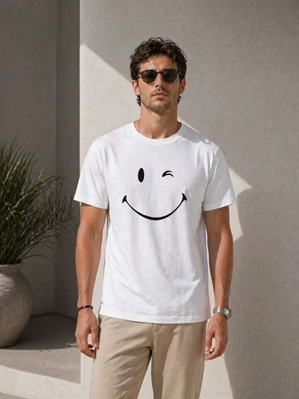 Erkek Minimal Gülümseyen Yüz Baskılı Tişört Kısa Kol Yazlık T-Shirt - Beyaz-2