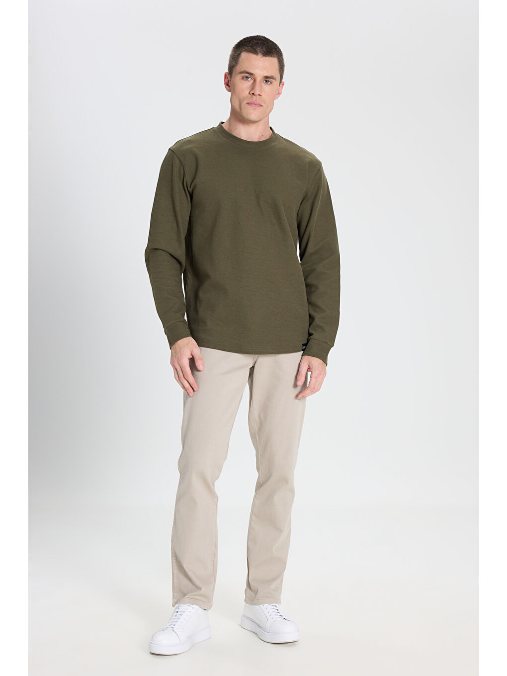 Regular Fit Normal Kesim Bisiklet Yaka Haki Tişört-2