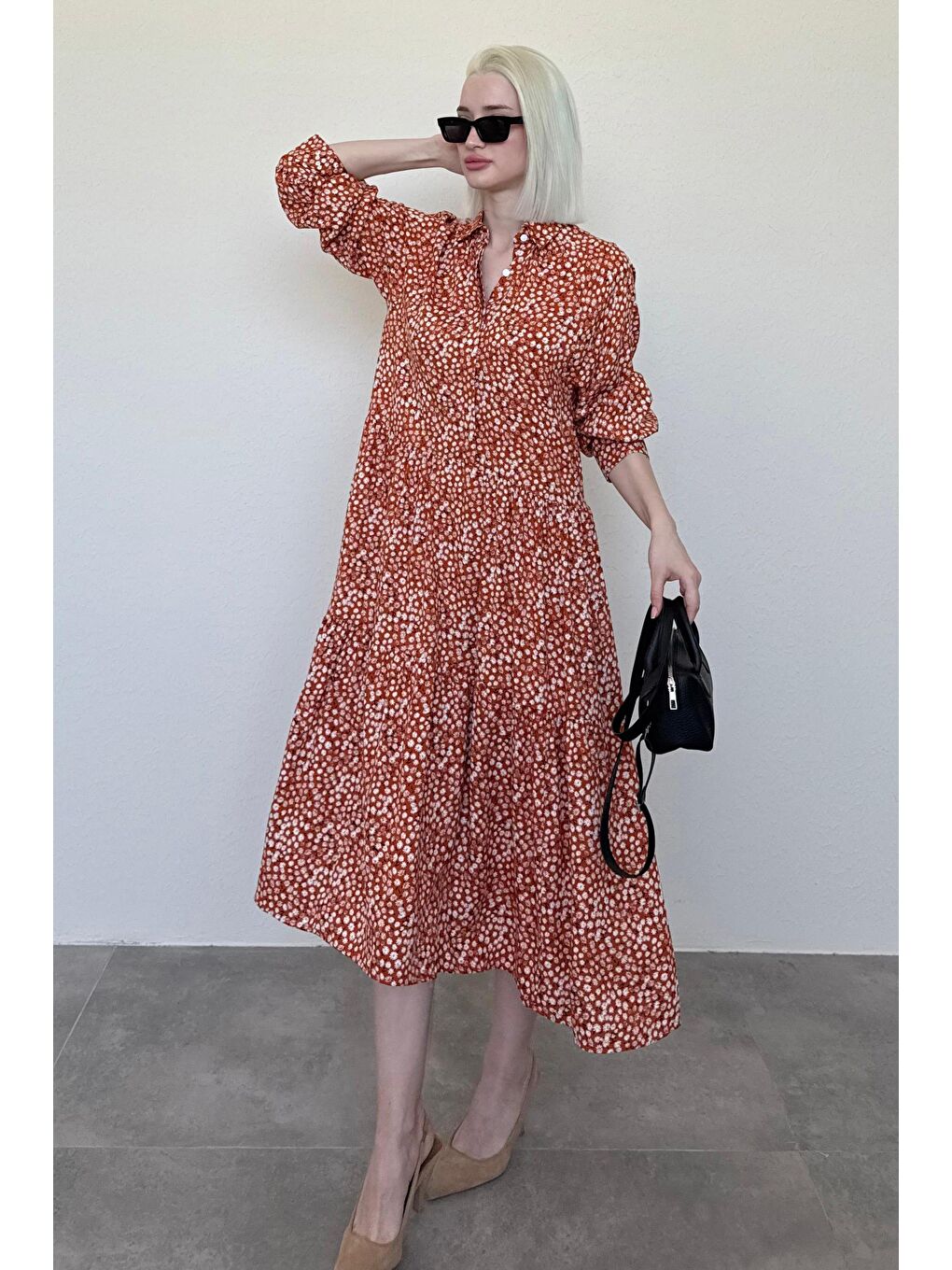 Turuncu Uzun Kollu Düğmeli Desenli Elbise Mg2431