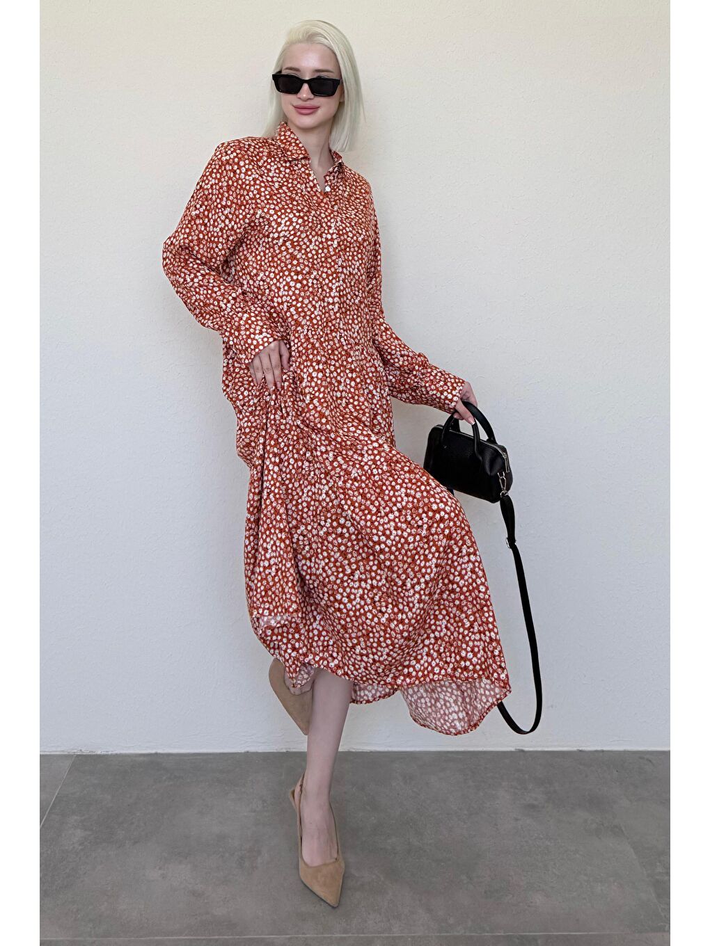 Turuncu Uzun Kollu Düğmeli Desenli Elbise Mg2431-1