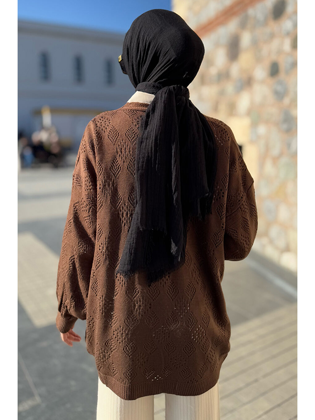 Kahverengi Kadın Nakışlı Tesettür Triko Hırka-6