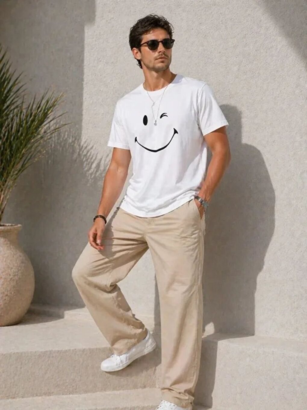 Erkek Minimal Gülümseyen Yüz Baskılı Tişört Kısa Kol Yazlık T-Shirt - Beyaz-3