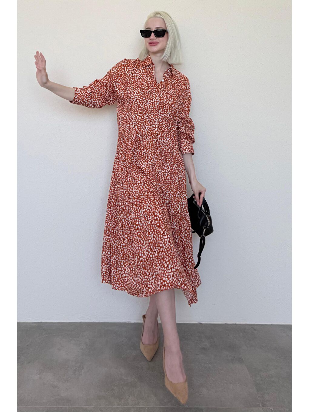 Turuncu Uzun Kollu Düğmeli Desenli Elbise Mg2431-2