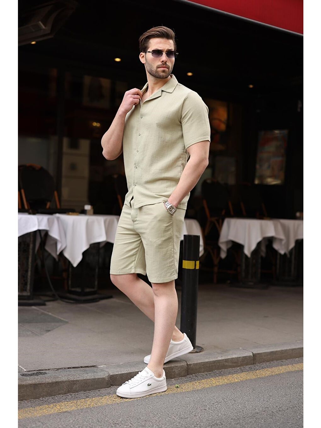 Mint Yeşili %100 Pamuklu Erkek Şort Gömlek Takım E7361