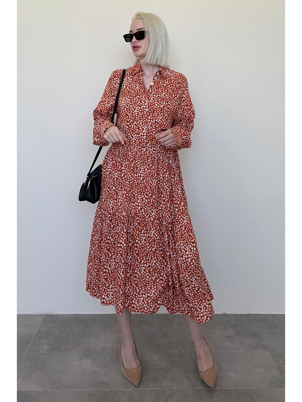 Turuncu Uzun Kollu Düğmeli Desenli Elbise Mg2431-3