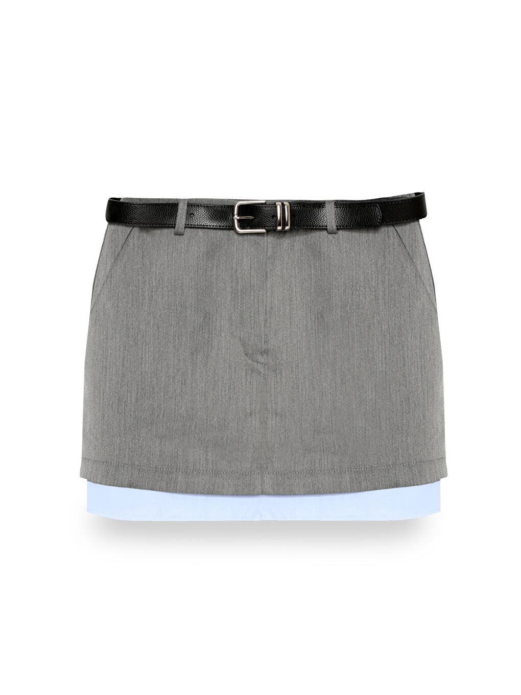 Kemer Aksesuarlı Kumaş Garnili Mini Etek Gri-1