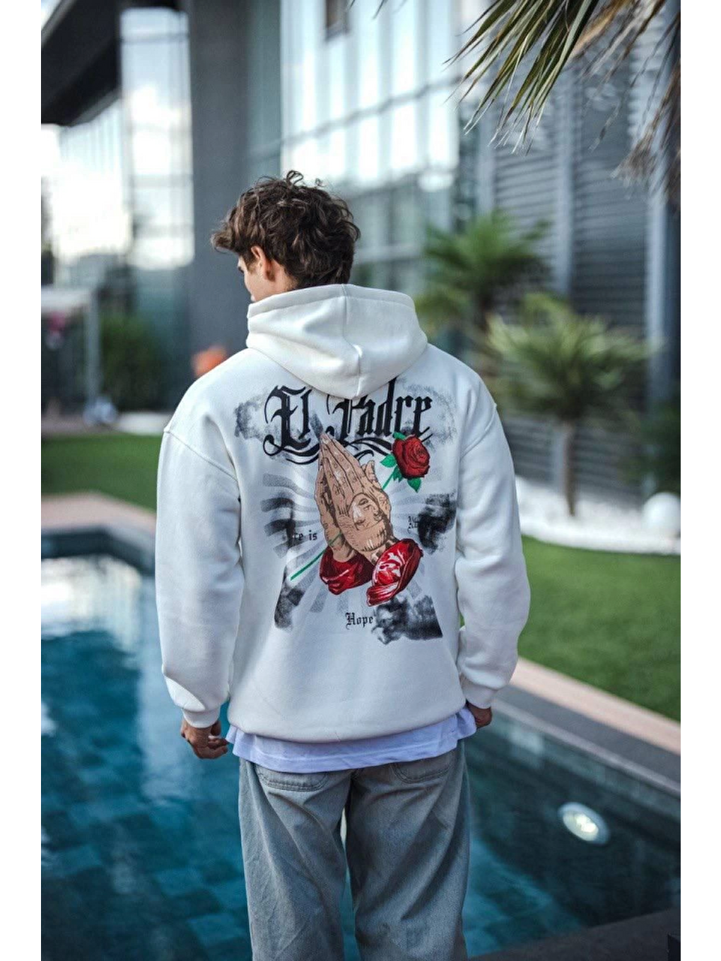Üç İplik Penye Kapüşonlu Baskılı Sweatshirt - Beyaz-1
