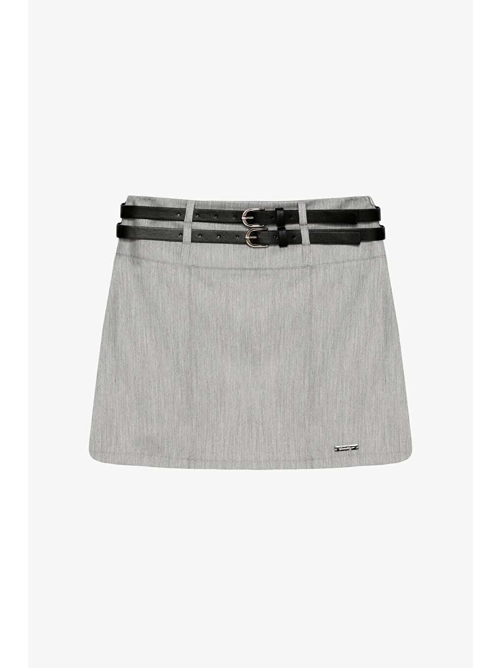 Çift Kemerli Metal Etiket Detaylı Mini Etek Gri-1
