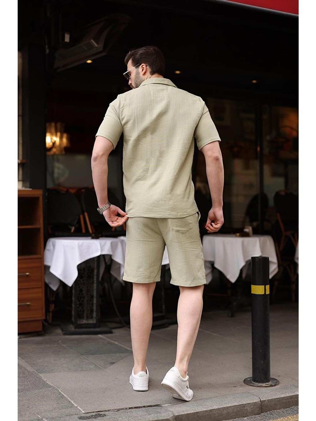 Mint Yeşili %100 Pamuklu Erkek Şort Gömlek Takım E7361-1