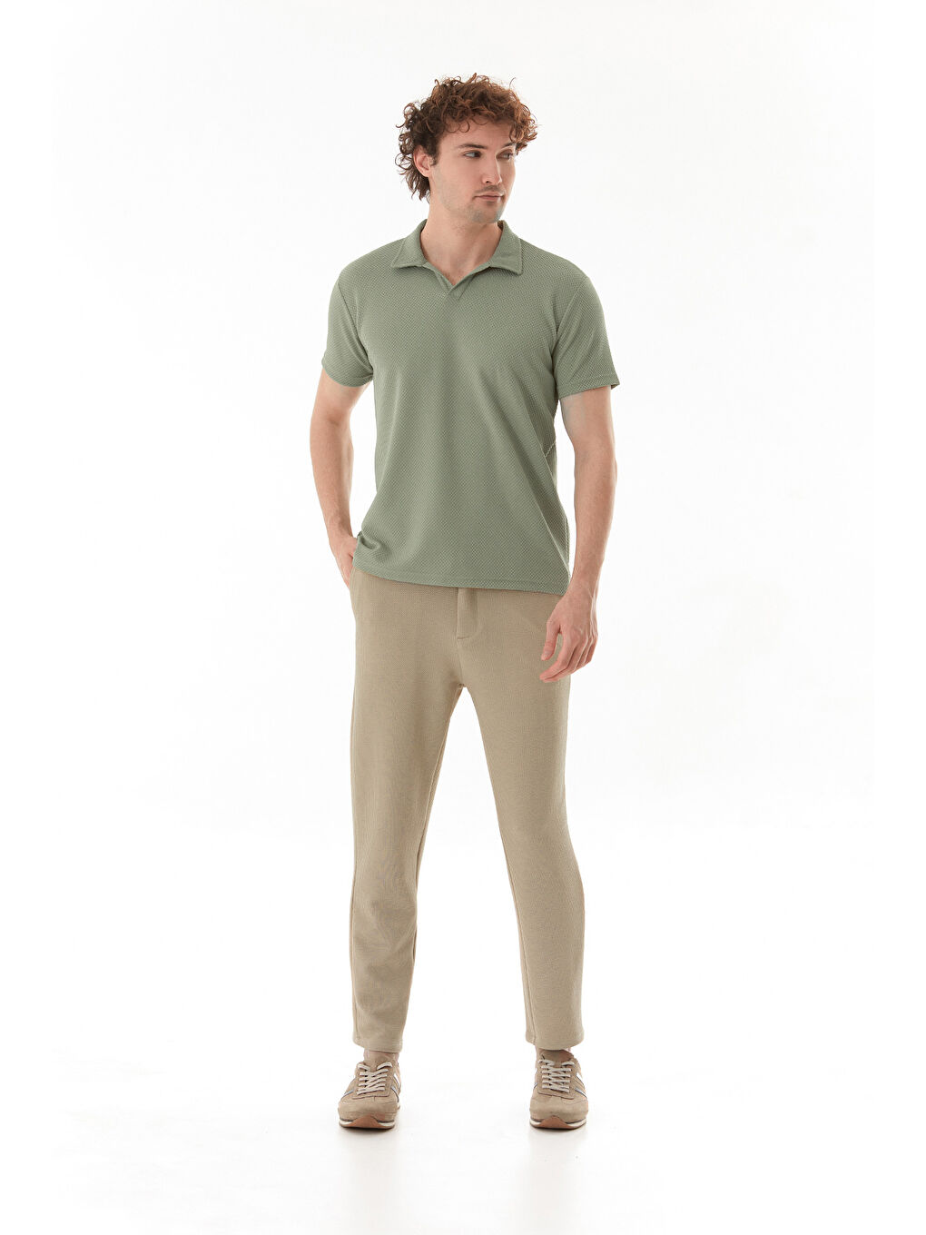 Haki Geometrik Desen Polo Yaka Tişört-2