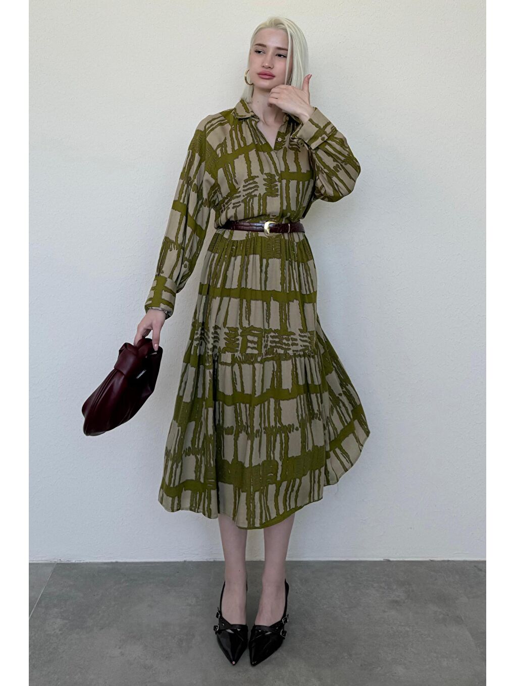 Haki Uzun Kollu Düğmeli Desenli Elbise Mg2431-1